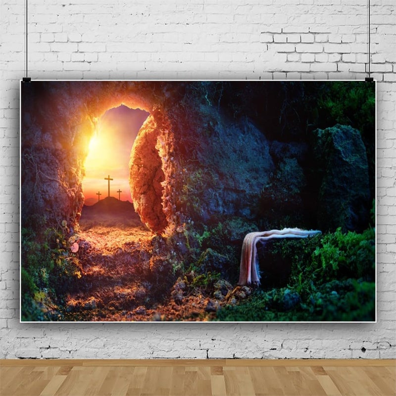 Leowefowa 9x6ft Resurrection of Jesus Backdrop Easter Sunrise Holy Light Empty Tomb Remote Peak Three Crosses Background for Photo Bible Story Church Mural Sanctuary Decor Christianity Wallpeper - Image 2